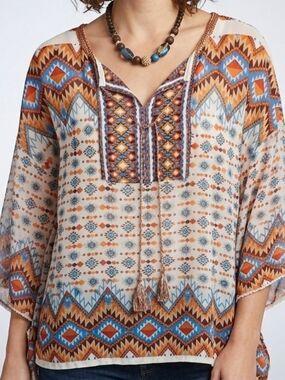 Hannah Aztec Geometric Print Kaftan Top Tassel Tie Boho Blouse Size M
